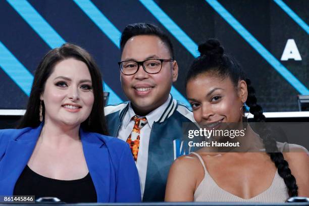 In this handout photo provided by One Voice: Somos Live!, Lauren Ash, Nico Santos, Susan Kelechi Watson participate in the phone bank during "One...