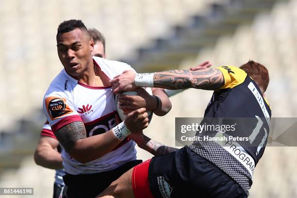 Tevita Li of North Harbour charges forward during the round nine Mitre 10 Cup match between North Harbour and Taranaki at QBE Stadium on October 15,...