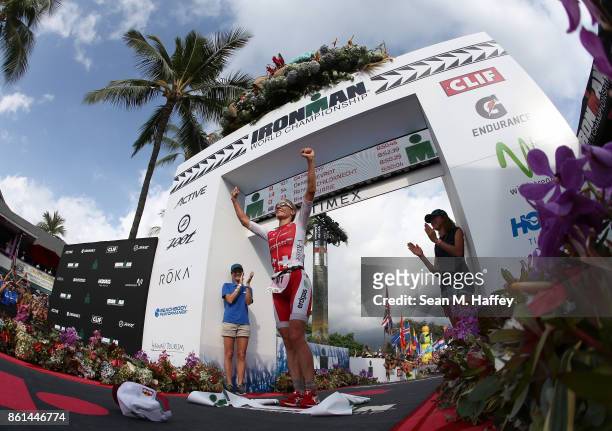 Daniela Ryf of Switzerland celebrates after winning the IRONMAN World Championship on October 14, 2017 in Kailua Kona, Hawaii.