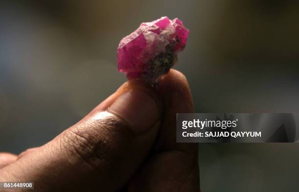 This photograph taken on September 13 shows a Pakistani employee of Azad Kashmir Mineral and Industrial Development Corporation showing a ruby...
