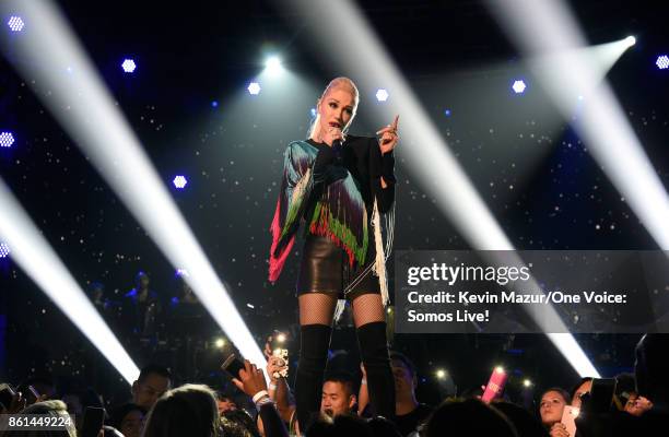 In this handout photo provided by One Voice: Somos Live!, singer Gwen Stefani performs onstage during "One Voice: Somos Live! A Concert For Disaster...