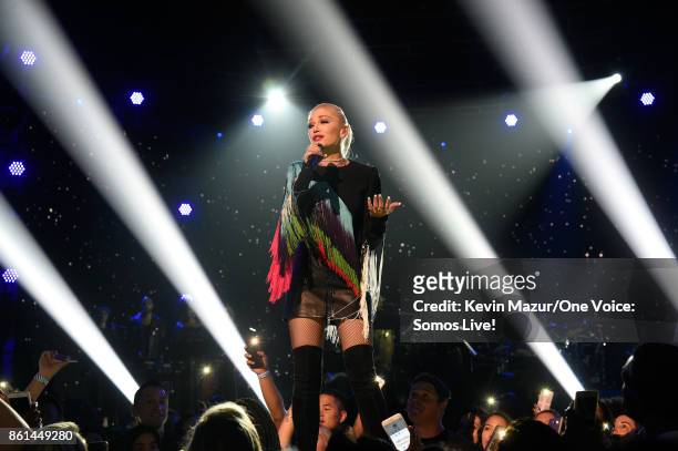 In this handout photo provided by One Voice: Somos Live!, singer Gwen Stefani performs onstage during "One Voice: Somos Live! A Concert For Disaster...