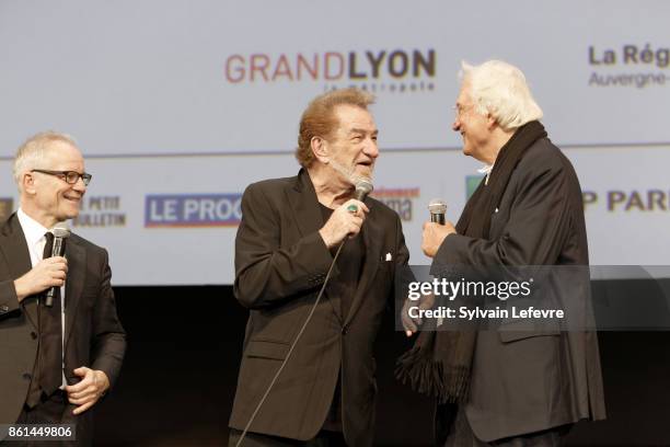 Thierry Fremaux, Eddy Mitchell and Betrand Tavernier attend the opening ceremony of 9th Film Festival Lumiere In Lyon on October 14, 2017 in Lyon,...