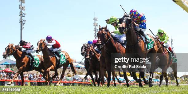 Prepare to Win ridden by Michael Dee wins the Wilson Medic One SV 3YO BM64 Handicap at Cranbourne Racecourse on October 15, 2017 in Cranbourne,...