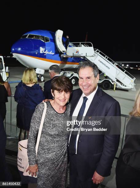 Co-chairs Karin Sadove and Stephen Sadove attend the 2017 Americares Airlift Benefit at Westchester County Airport on October 14, 2017 in Armonk, New...