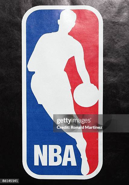 The NBA logo after a game between the Dallas Mavericks and the San Antonio Spurs in Game One of the Western Conference Quarterfinals during the 2009...