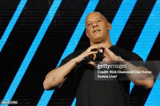 In this handout photo provided by One Voice: Somos Live!, Vin Diesel speaks onstage at One Voice: Somos Live! A Concert For Disaster Relief at...