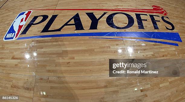 The logo of the NBA Playoffs logo after play between the Dallas Mavericks and the San Antonio Spurs in Game One of the Western Conference...