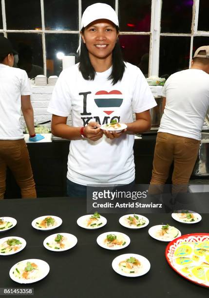 Chef Emorn Jamalee Henshaw, poses with their dish, Khao Man Gai, during Street Eats hosted by Ghetto Gastro at Industria on October 14, 2017 in New...