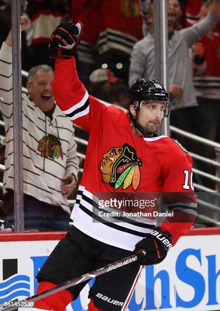 Patrick Sharp of the Chicago Blackhawks celebrates his game-tying goal in the third period against the Nashville Predators at the United Center on...