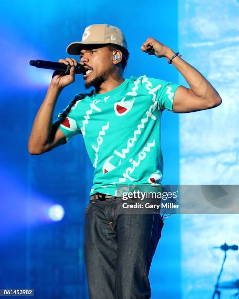Chance The Rapper performs in concert during day two of the second weekend of Austin City Limits Music Festival at Zilker Park on October 14, 2017 in...