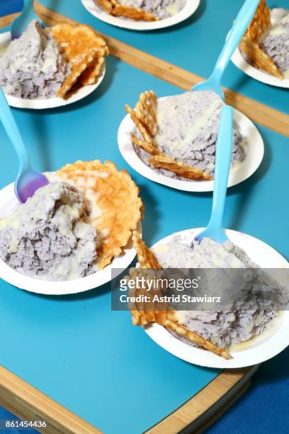 Blueberry Shaved Cream, prepared by Chef Tony Quach, served during Street Eats hosted by Ghetto Gastro at Industria on October 14, 2017 in New York...