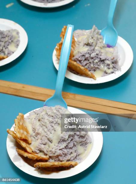 Blueberry Shaved Cream, prepared by Chef Tony Quach, served during Street Eats hosted by Ghetto Gastro at Industria on October 14, 2017 in New York...