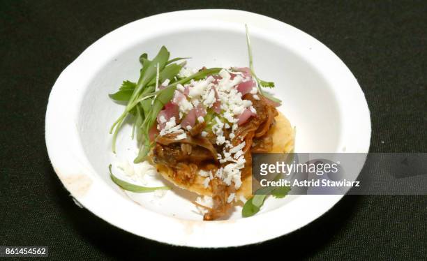 View of Slate NY's dish, Beef Short Rib Tostada, served during Street Eats hosted by Ghetto Gastro at Industria on October 14, 2017 in New York City.