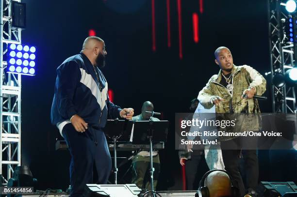 In this handout photo provided by One Voice: Somos Live!, DJ Khaled and T.I. Perform onstage at One Voice: Somos Live! A Concert For Disaster Relief...