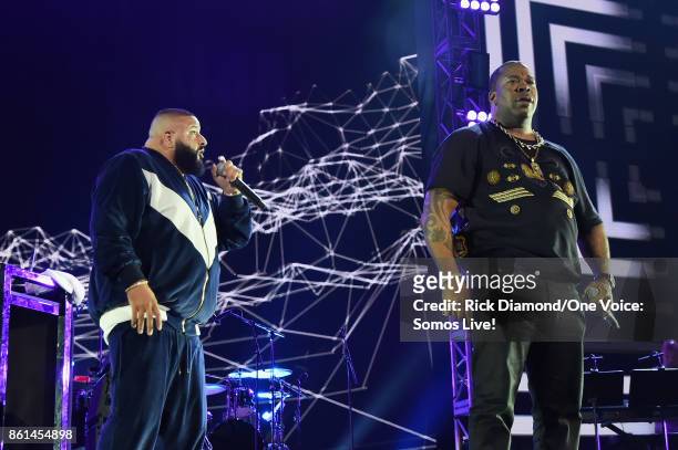 In this handout photo provided by One Voice: Somos Live!, Busta Rhymes and DJ Khaled perform onstage at One Voice: Somos Live! A Concert For Disaster...