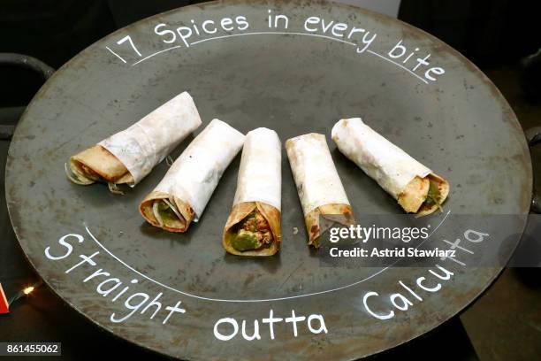 View of The Kati Roll Company's dish, Kosha Mangsho, served during Street Eats hosted by Ghetto Gastro at Industria on October 14, 2017 in New York...