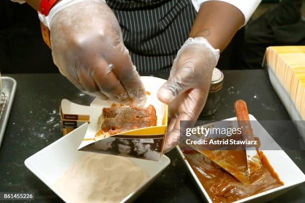 View of Wafels & Dinges' dish, De Churro Wafel, served during Street Eats hosted by Ghetto Gastro at Industria on October 14, 2017 in New York City.