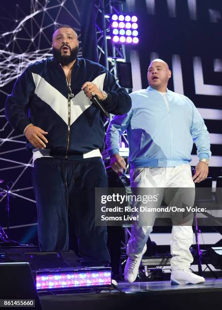 In this handout photo provided by One Voice: Somos Live!,DJ Khaled and Fat Joe perform onstage at One Voice: Somos Live! A Concert For Disaster...