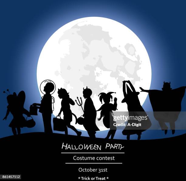 ilustraciones, imágenes clip art, dibujos animados e iconos de stock de traje fiesta misteriosa luna - halloween party