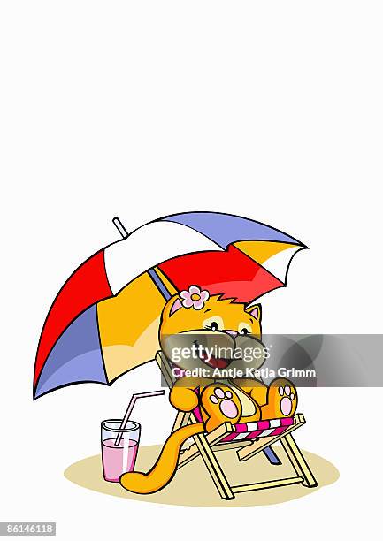 a cartoon cat sitting in a sun lounger - outdoor chair stock illustrations