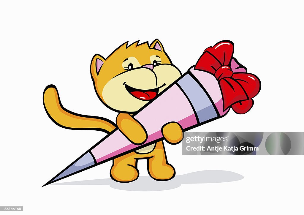 A cartoon cat holding candy on it's first day on school