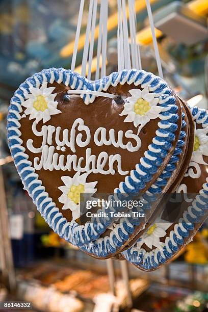 heart shaped cookies, munich, germany - lebkuchengebäck stock-fotos und bilder