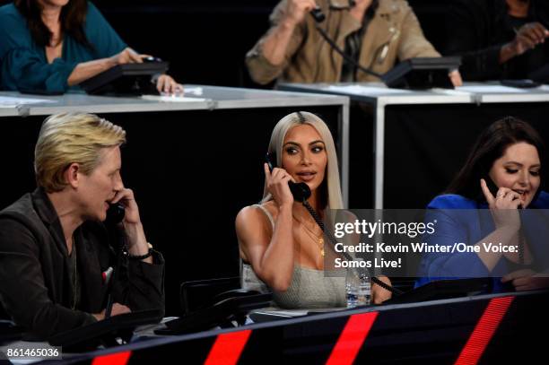 In this handout photo provided by One Voice: Somos Live!, Kim Kardashian participates in the phone bank onstage during "One Voice: Somos Live! A...