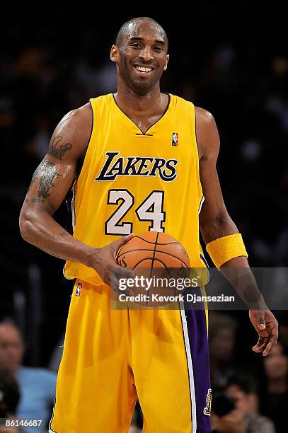 Kobe Bryant of the Los Angeles Lakers reacts in the second quarter against the Utah Jazz in Game Two of the Western Conference Quarterfinals during...