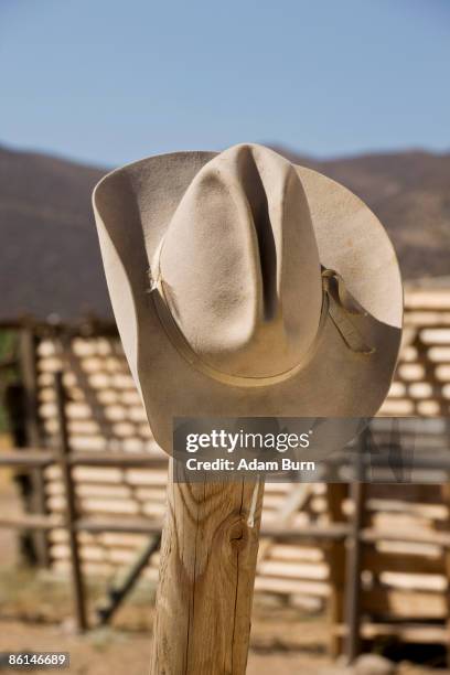 a cowboy hat hanging on a fence - cowboy hat stock pictures, royalty-free photos & images