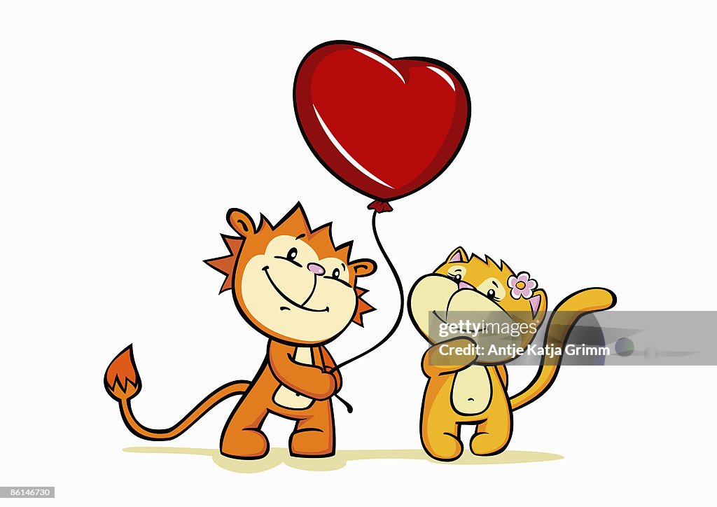 A cartoon tiger giving a heart shaped balloon to a cat