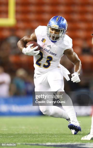 Tyler Nevens of the San Jose State Spartans runs the ball during the first quarter of the game against the Hawaii Rainbow Warriors at Aloha Stadium...