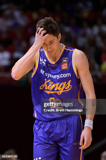 Dane Pineau of the Kings reacts during the round two NBL match between the Sydney Kings and the Illawarra Hawks at Qudos Bank Arena on October 15,...