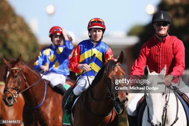 Jockey Damian Lane riding Rock 'n' Gold returns to scale after winning winning race 7 the Procon Developments Apache Cat Classic during Cranbourne...