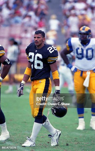 Rod Woodson of the Pittsburgh Steelers against the Los Angeles Rams at Anaheim Stadium circa 1993 in Anaheim, California.