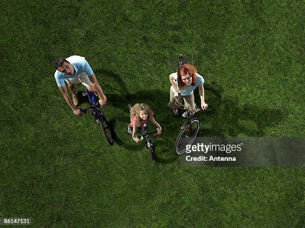 a family riding bicycles - adult riding bike through park stock pictures, royalty-free photos & images
