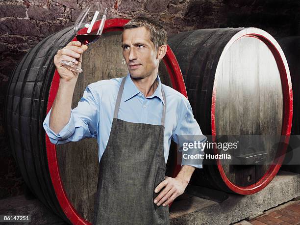 a vintner studying red wine in a glass - red shirt stockfoto's en -beelden