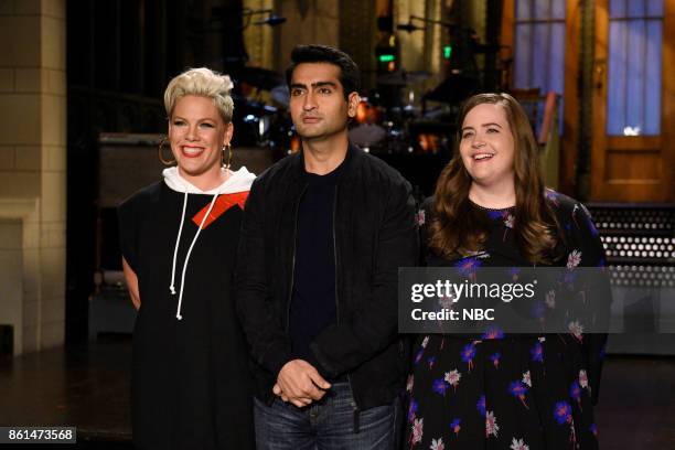 Episode 1728 -- Pictured: P!nk, Kumail Nanjiani, Aidy Bryant in 30 Rockefeller Plaza --