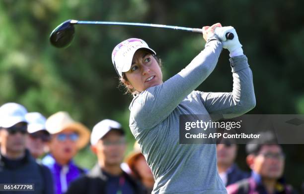 Marina Alex of the US tees off at the 2nd hole during the final round of the LPGA KEB Hana Bank Championship at Sky72 Golf Club in Incheon on October...