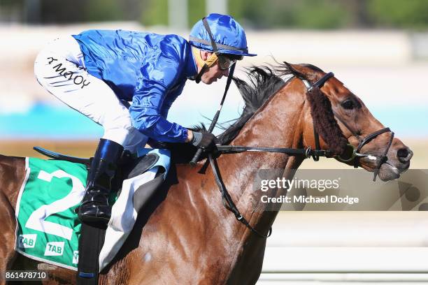 Jockey Kerrin McEvoy riding Folkswood wins race 8 the TAB Cranbourne Cup during Cranbourne Cup Day at on October 15, 2017 in Cranbourne, Australia.