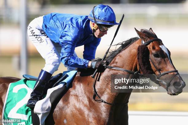 Jockey Kerrin McEvoy riding Folkswood wins race 8 the TAB Cranbourne Cup during Cranbourne Cup Day at on October 15, 2017 in Cranbourne, Australia.