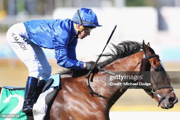 Jockey Kerrin McEvoy riding Folkswood wins race 8 the TAB Cranbourne Cup during Cranbourne Cup Day at on October 15, 2017 in Cranbourne, Australia.