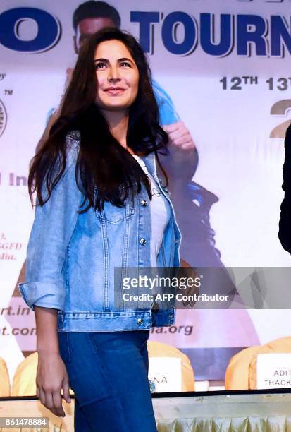 Indian Bollywood actress Katrina Kaif looks on as she attends the world's biggest Kudo tournament in Mumbai on October 14, 2017. Kudo is a hybrid...
