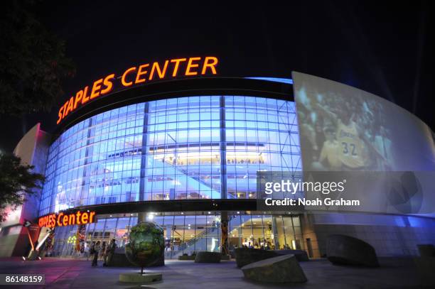 An exterior view of the arena at halftime during Game Two of the Western Conference Quarterfinals between the Utah Jazz and the Los Angeles Lakers...