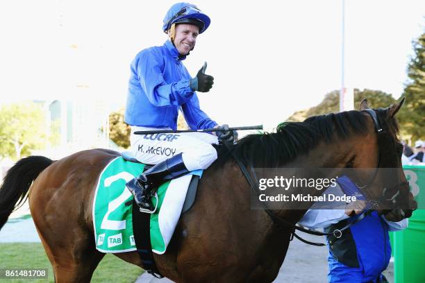 Jockey Kerrin McEvoy celebrates after riding Folkswood to win race 8 the TAB Cranbourne Cup during Cranbourne Cup Day at on October 15, 2017 in...