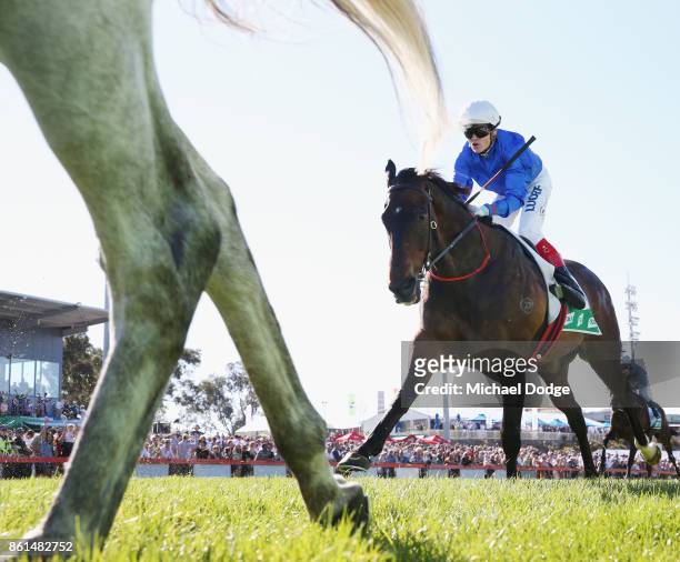 Jockey Craig Williams is seen riding Nozomi in race 8 the TAB Cranbourne Cup during Cranbourne Cup Day at on October 15, 2017 in Cranbourne,...