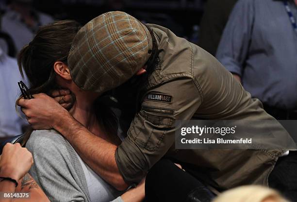 Actors Jessica Biel and Justin Timberlake kiss from their courtside seats during the Los Angeles Lakers and the Utah Jazz Game Two of the Western...