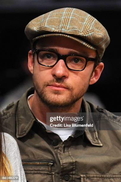 Actor Justin Timberlake looks on from his courtside seat during the Los Angeles Lakers and the Utah Jazz Game Two of the Western Conference...