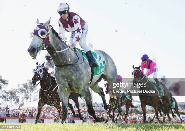 Jockey Damian Lane is seen riding Moonovermanhattan in race 8 the TAB Cranbourne Cup during Cranbourne Cup Day at on October 15, 2017 in Cranbourne,...