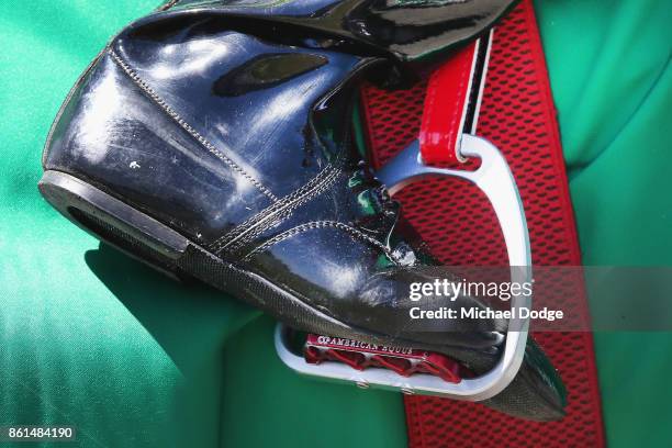 The shoes of Dean Yendall are seen during Cranbourne Cup Day at on October 15, 2017 in Cranbourne, Australia.